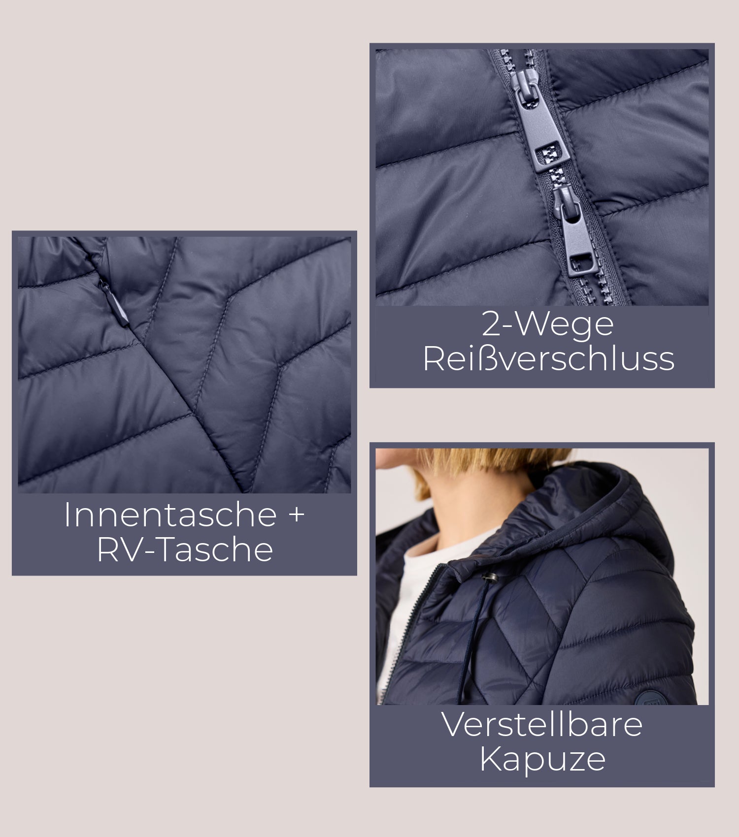 Schwarze Damensteppjacke 2-Wege-Reissverschluss, Innentasche und Reissverschlusstasche, Kapuze