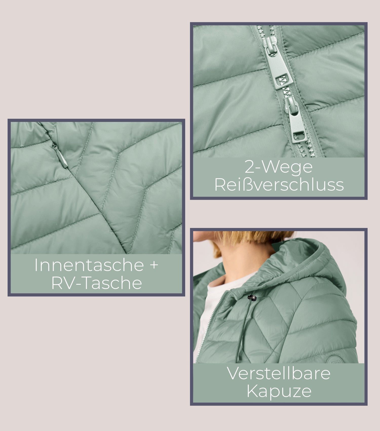 Schwarze Damensteppjacke 2-Wege-Reissverschluss, Innentasche und Reissverschlusstasche, Kapuze