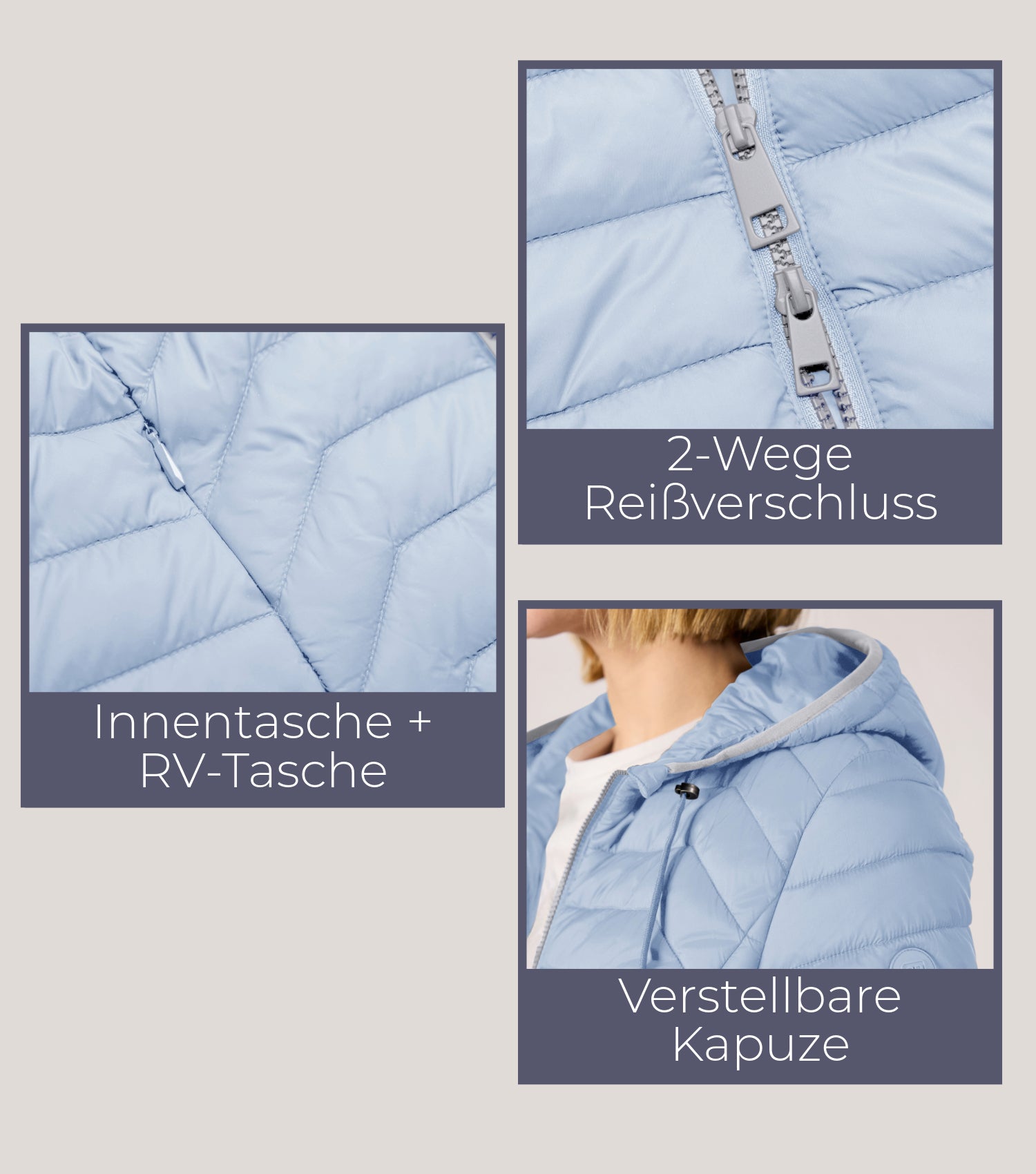 Schwarze Damensteppjacke 2-Wege-Reissverschluss, Innentasche und Reissverschlusstasche, Kapuze