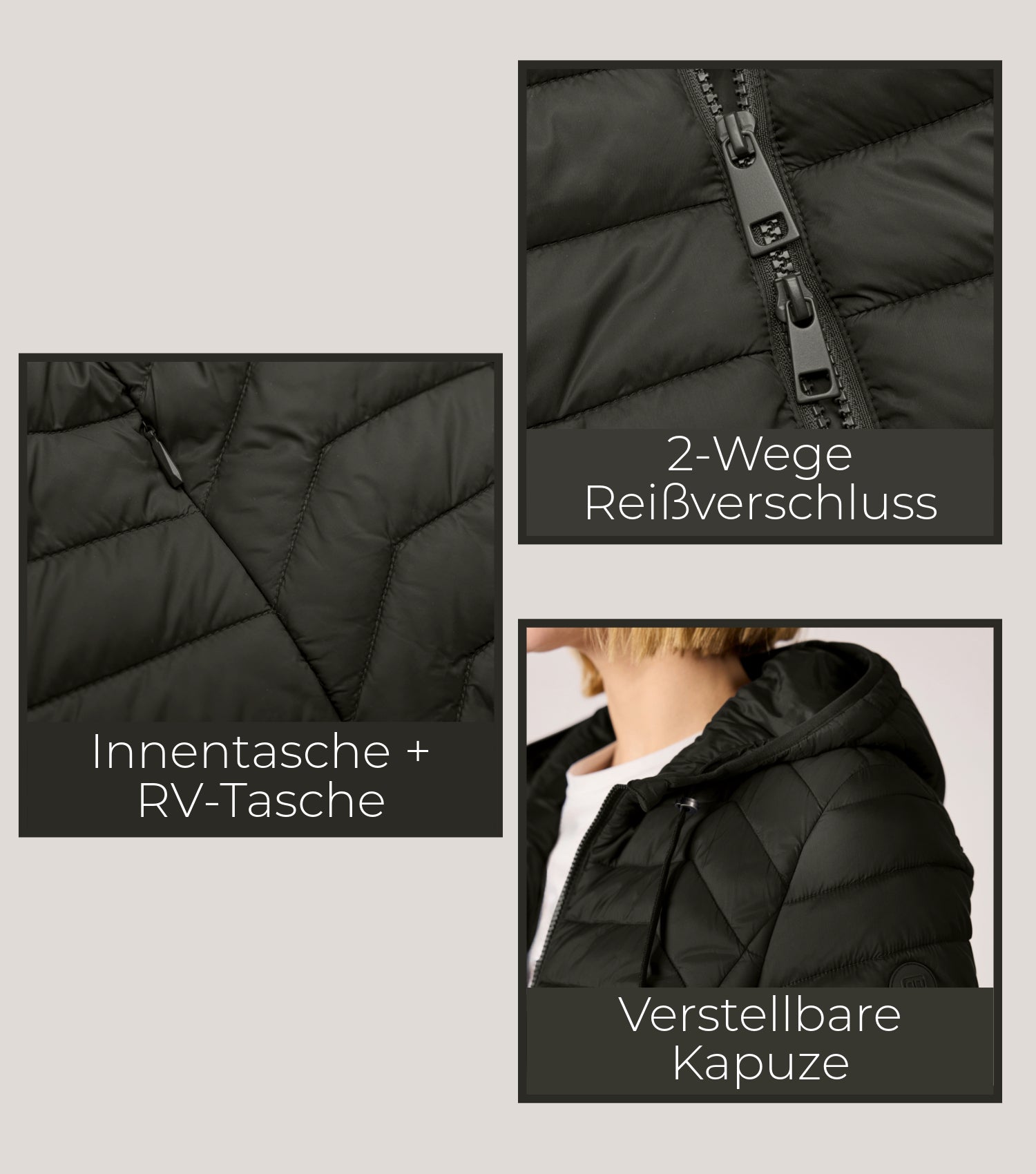 Schwarze Damensteppjacke 2-Wege-Reissverschluss, Innentasche und Reissverschlusstasche, Kapuze