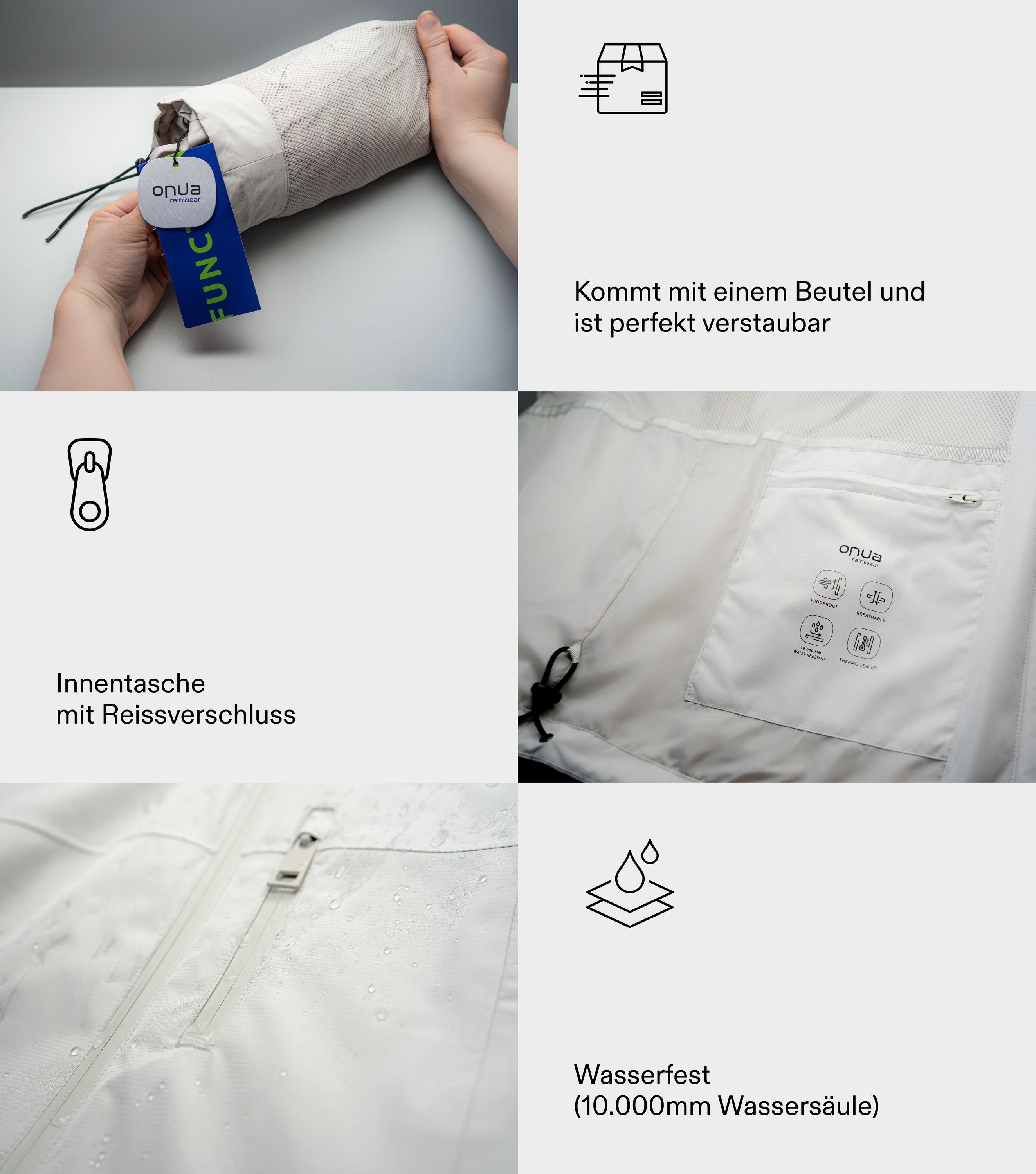 Verschiedene Detailansichten einer beigen Regenjacke, Innentasche, Beutel und Außentasche