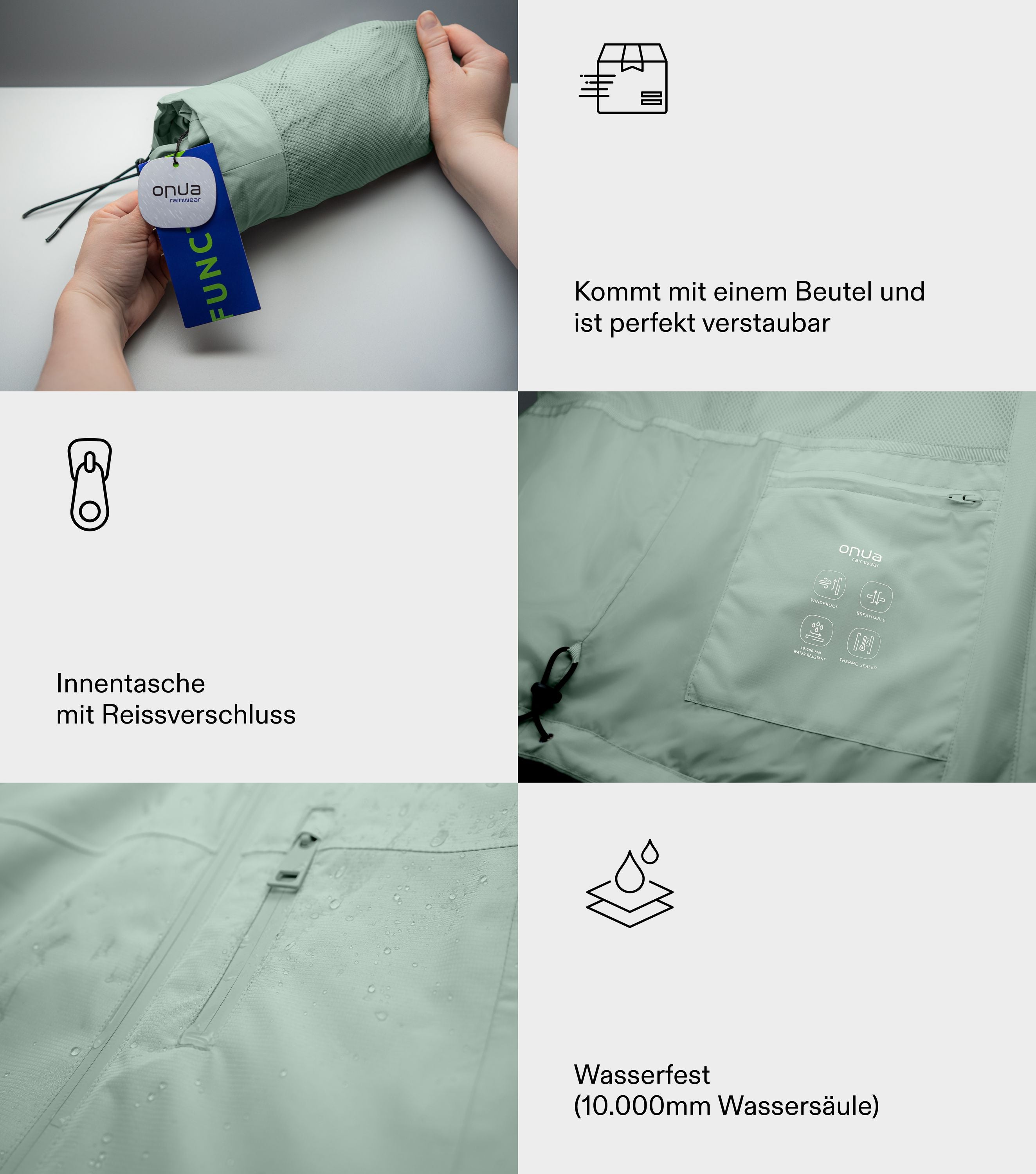 Verschiedene Detailansichten einer grünen Regenjacke, Innentasche, Beutel und Außentasche
