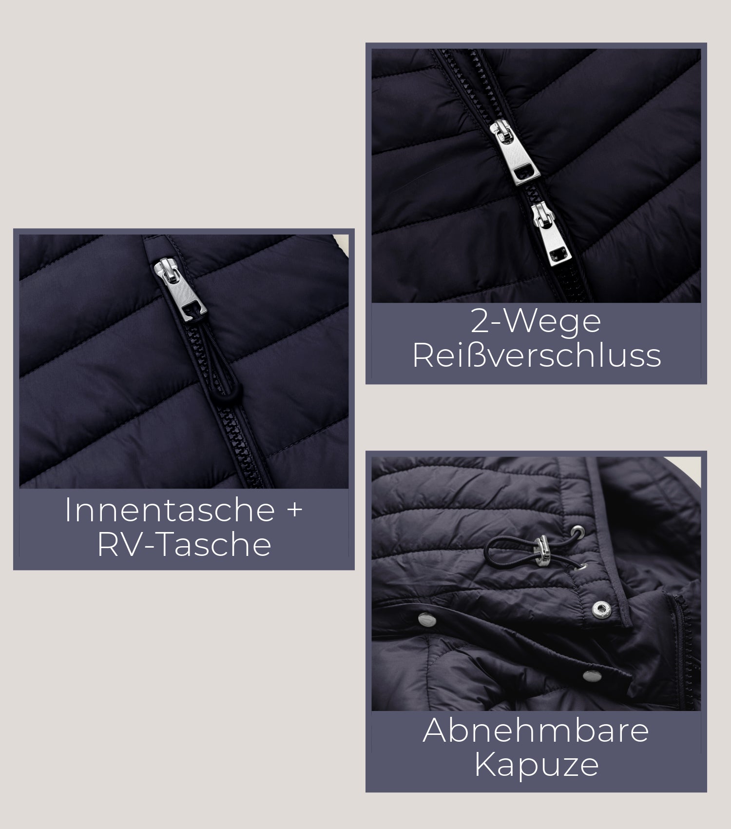Blaue Damensteppjacke 2-Wege-Reissverschluss, Innentasche und Reissverschlusstasche, abnehmbare Kapuze 