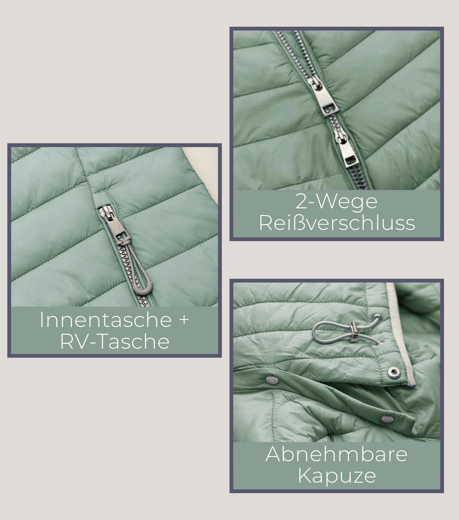 Grüne Damensteppjacke 2-Wege-Reissverschluss, Innentasche und Reissverschlusstasche, abnehmbare Kapuze 