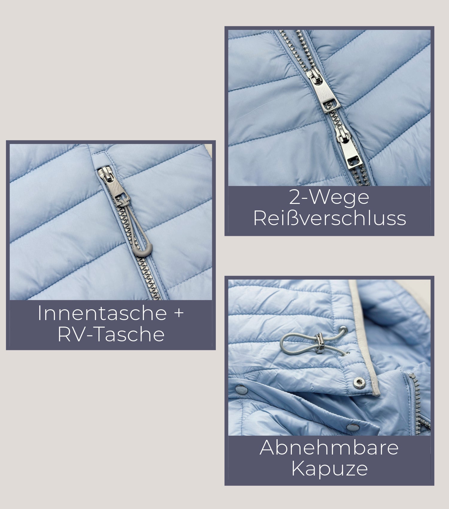 Blaue Damensteppjacke 2-Wege-Reissverschluss, Innentasche und Reissverschlusstasche, abnehmbare Kapuze 