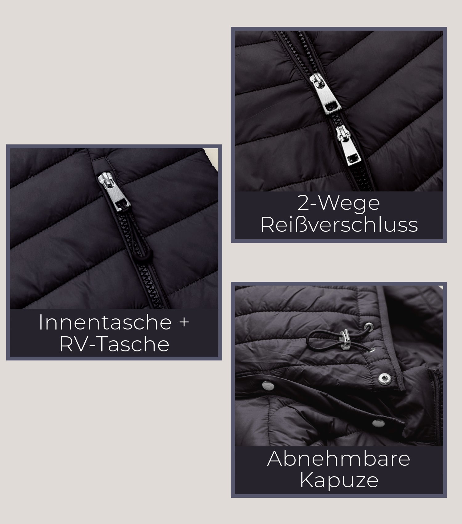Schwarze Damensteppjacke 2-Wege-Reissverschluss, Innentasche und Reissverschlusstasche, abnehmbare Kapuze 