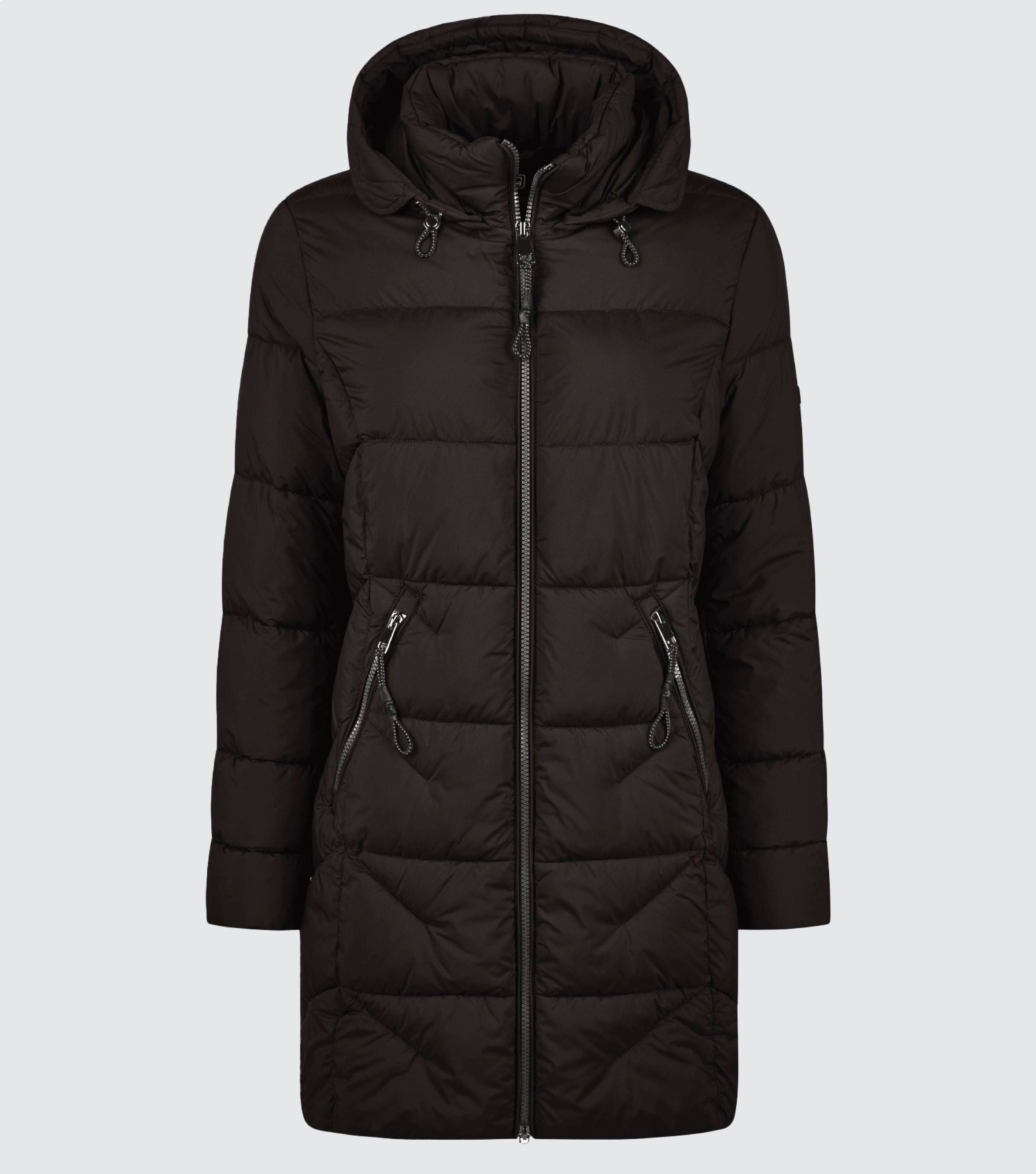 Freisteller einer schwarzen Winterjacke gesteppt vor grauem Hintergrund 
